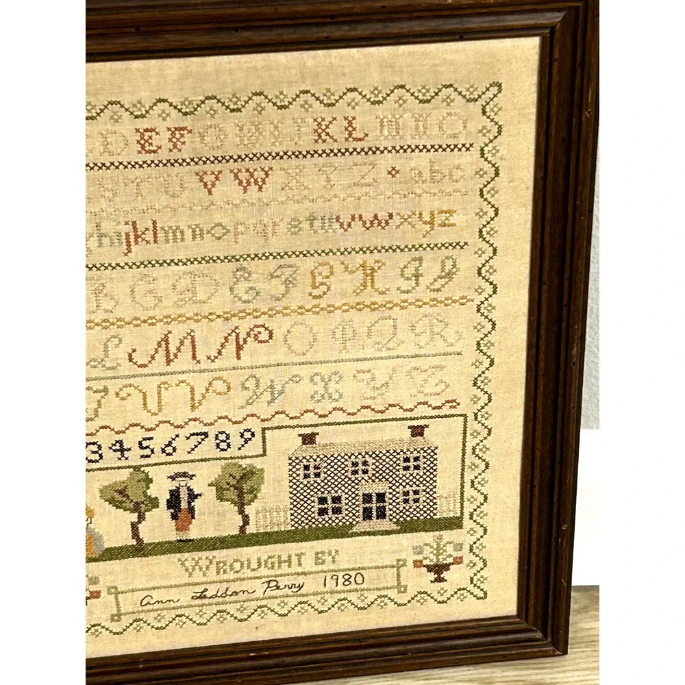 Vintage Signed Ann Perry 1980 American Sampler‎ Large Beautiful Fine Work Framed